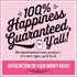 Pink advertisement featuring a happiness guarantee for Handmade Wooden Christmas Ornaments